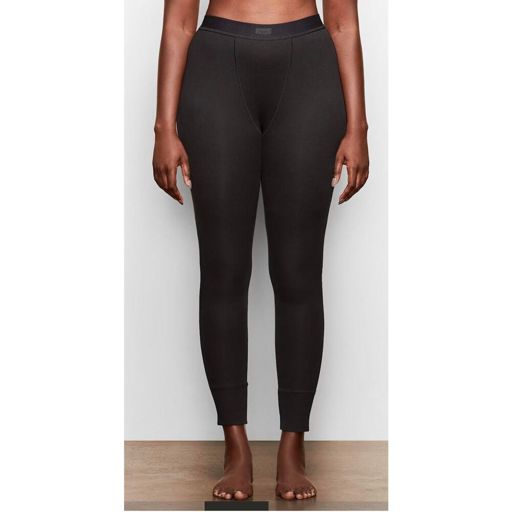 Skims Cotton Rib Leggings NWT Soot Black Small Stretch Logo Waistband Lounge